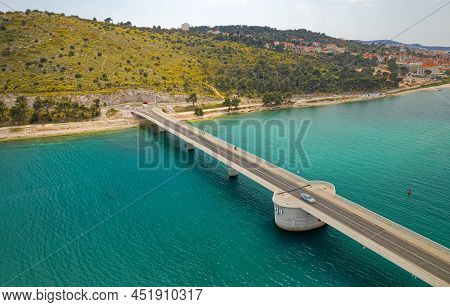 Aerial Top View Of A Long Bridge Above A Sea, Island Ciovo In Croatia