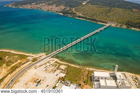 Aerial Top View Of A Long Bridge Above A Sea, Island Ciovo In Croatia