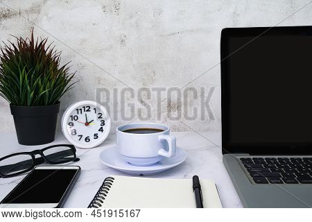 Styled Stock Photography White Office Desk Table With Blank Notebook, Computer, Supplies And Coffee 