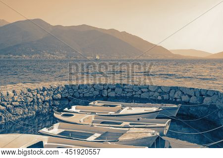 Beautiful Mediterranean Landscape. Montenegro, Kotor Bay. Mandrac - Dry Stone Jetty For Fishing Boat