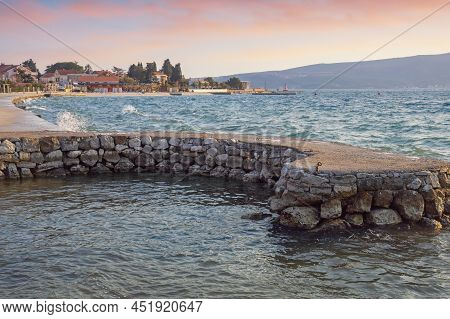 Beautiful Mediterranean Landscape. Wind. Montenegro, Tivat,  Coast Of Kotor Bay At Sunset. Mandrac (