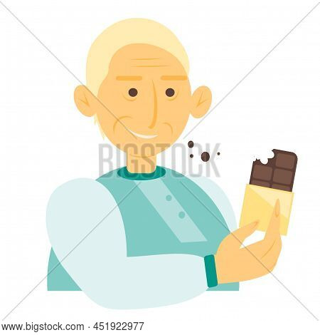 Grandpa Is Eating Chocolate.old Man. Man. Bites Chocolate