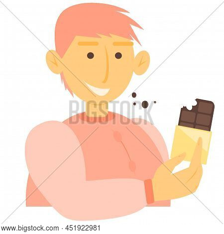 The Guy With Pink Hair Is Eating A Chocolate Bar.