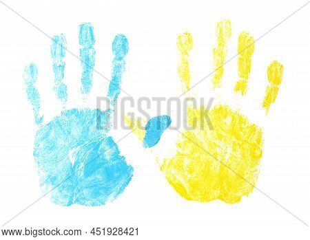 Ukraine Flag Color. Stop The War Background. Open Hand Paint Imprint. Symbolic Gesture Of Stop. One 