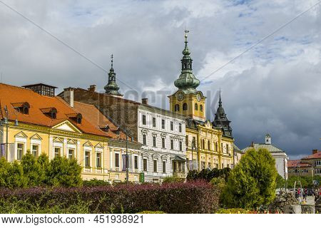 Banska Bystrica, Slovakia - August 17, 2021: View Of Snp Square - Colorful Historic Buildings, Mests