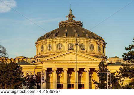 Detail View Over The Romanian Athenaeum Or Ateneul Roman, In The Center Of Bucharest Capital Of Roma