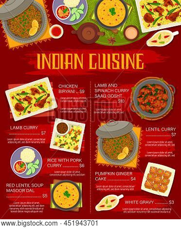 Indian Cuisine Meat And Vegetarian Dishes Menu Template. Chicken Biryani, Lamb And Pork Curry With R