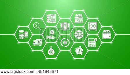 Money And Banking Banner With Outline Icons. Credit Card, Currency Exchange, Atm, Terminal Horizonta
