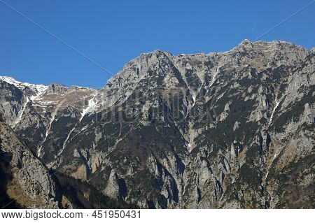 Mountains Called Monte Pasubio In The Veneto Region In Northern Italian And The Alpin Hut Called Rif