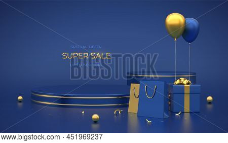 Blue Round And Cube Podium. Scene, 3d Platform With Gold Circle On Blue Background. Blank Advertisin