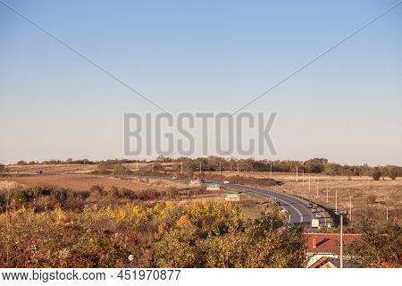 Trebez, Serbia - October 24, 2021: Curve On The Ibarska Magistrala, In The Serbian Countryside, In T