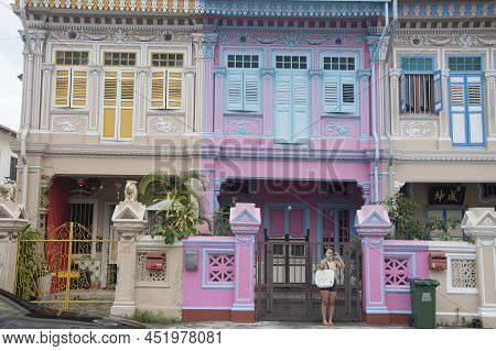 Singapore- Mar 26, 2020: Colorful Peranakan Heritage Residential House At Joo Chiat Road In Singapor