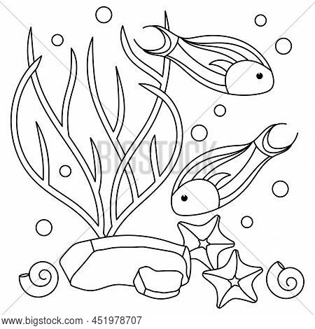 Underwater Coloring Page Forchildren. Plants And Fish. Hand Drawn Vector Illustration On White Backg