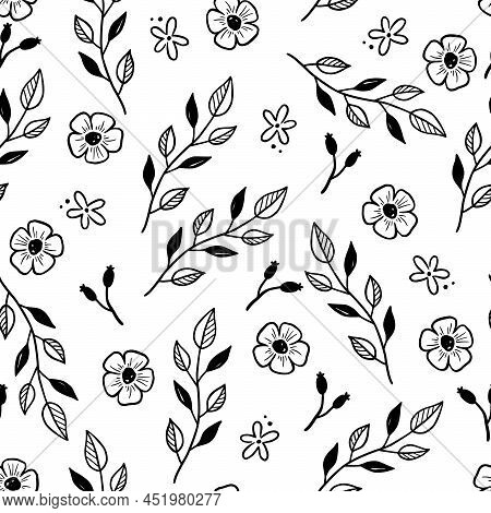 Hand Drawn Leaf, Flower Seamless Pattern. Doodle Simple Froral Style. Leaf Background Vector Illustr