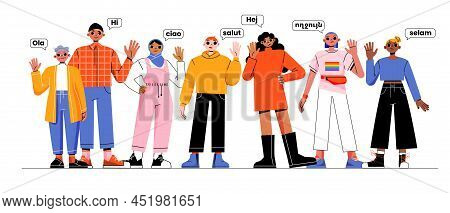 Diverse People Group Say Hello On Different Foreign Languages And Waving Hands. Multinational Happy 