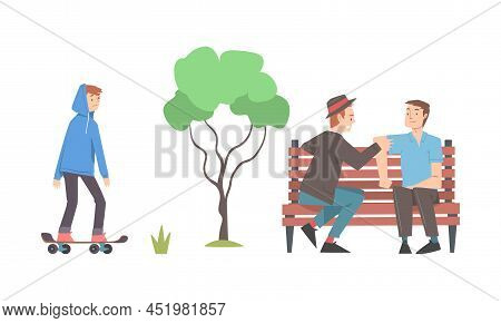 People Walking In Park Set. Teenage Boy Scateboarding, Two Men Sitting On Bench In Park Cartoon Vect