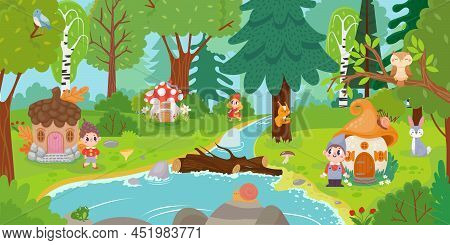 Cartoon Elves And Gnomes In Magic Forest