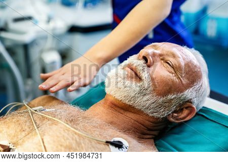 Ecg Electrodes On Mature Male Patient In Hospital Before Surgery. Healthcare And Medicine Concept