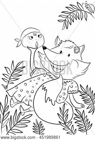 Illustration To The Fairy Tale Kolobok. A Fox Holds A Bun In Its Paws, A Bun Sings A Song. Coloring 