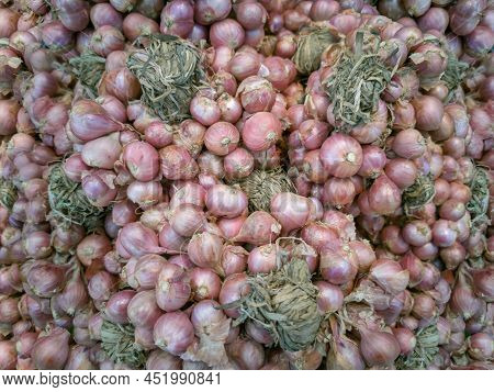 Large Stacks Of Shallot(allium Ascalonicum Linn), In Supermarkets, Food And Herb Components.