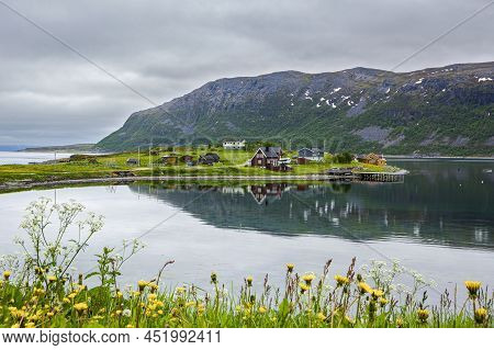 View Of The Small Cape And It's Reflection, Porsanger Fjord, Russenes, Norway