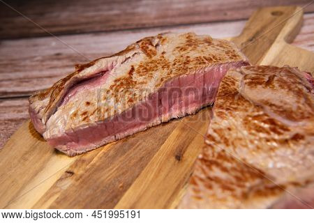 Recipe For Gratin Dauphinois, Grilled Veal Steak And Grilled Button Mushroom. High Quality Photo