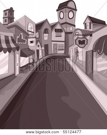 Illustration of an Empty Street Surrounded by Buildings