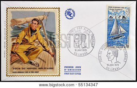 stamp dedicated to Alain Gerbault who made a circumnavigation of the world as a single-handed sailor