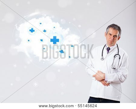 Proffesional doctor listening to abstract cloud with medical signs