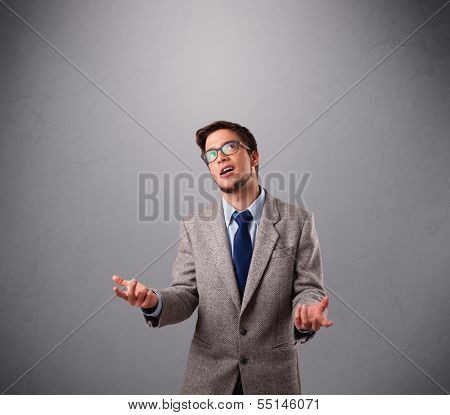 funny man standing and juggling with copy space