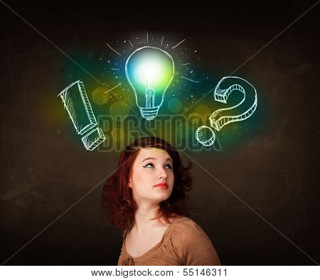 Young preety teenager with hand drawn light bulb illustration