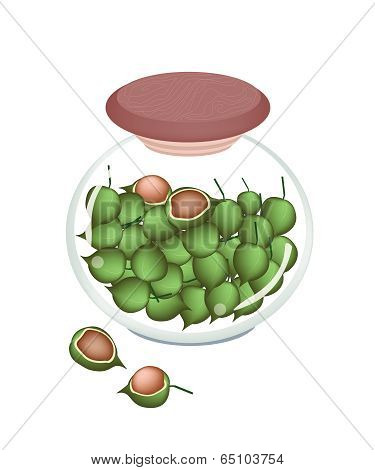 A Glass Jar Of Ripe Macadamia Nuts