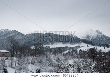 Winter landscape. Mountain village in the Bran,Romanian Carpathians