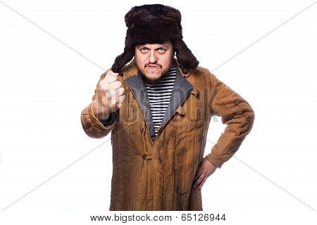 Angry russian man threaten with a fist