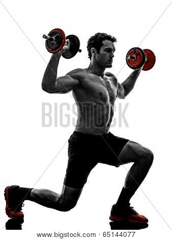 one man topless muscular exercising body building weights training in silhouettes on white background
