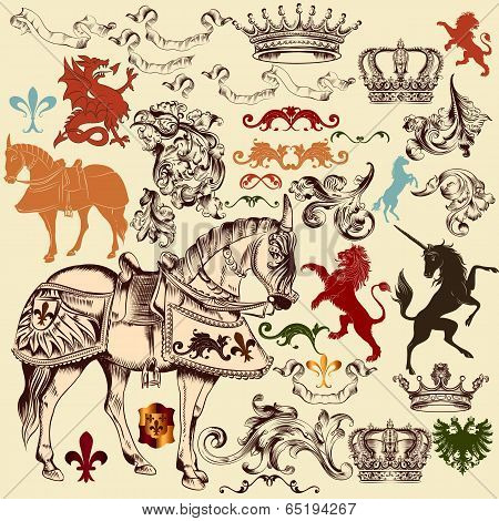 Collection Of Vector Heraldic Elements For Design