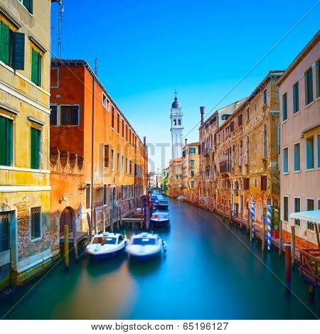 Venice Sunset In San Giorgio Dei Greci Water Canal And Church Campanile. Italy