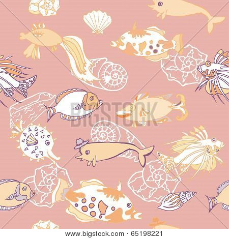 Seamless pattern  with   fishes and cockleshells