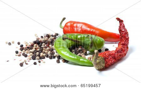 Mix Of Hot Peppers On White Background