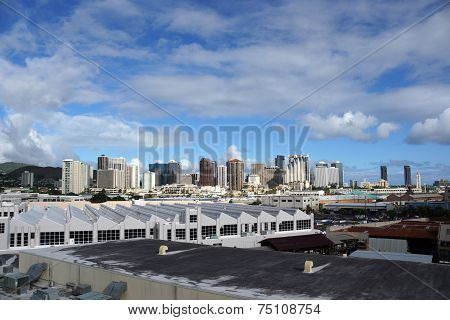 Aerial View Of The Honolulu Port And Downtown Skyline