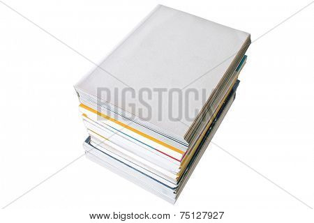 Blank cover and book pile on white background