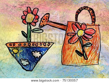 Children's Drawing Of Watering-can With Flower