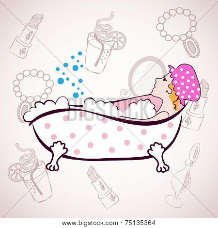 Woman In A Bath On The Background Of Accessories.