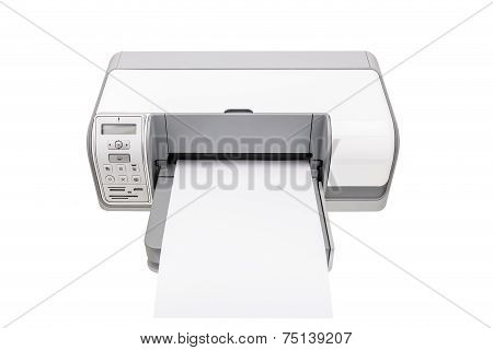 Office Printer With A Clean Paper For Text. Isolated On White Background.