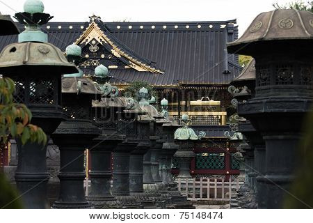 Temple and stone lanterns in Tokyo.