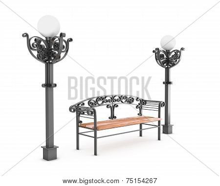 Bench And Two Lamps On A White Background.