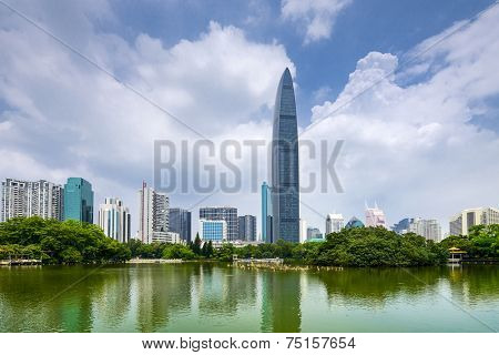 Shenzhen, China city skyline at twilight.