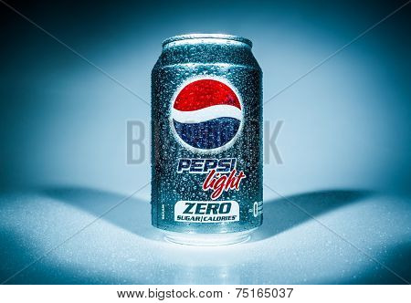 MOSCOW, RUSSIA-APRIL 4, 2014: Can of Pepsi cola Lignt. Pepsi is a carbonated soft drink that is produced and manufactured by PepsiCo. Created and developed in 1893.
