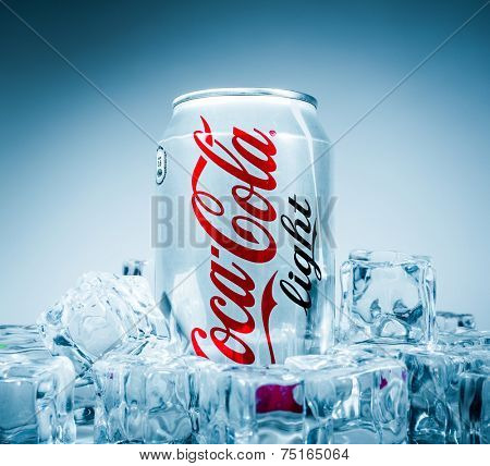 MOSCOW, RUSSIA-APRIL 4, 2014: Can of Coca-Cola Lignt on ice. Coca-Cola is a carbonated soft drink sold in stores, restaurants, and vending machines throughout the world.