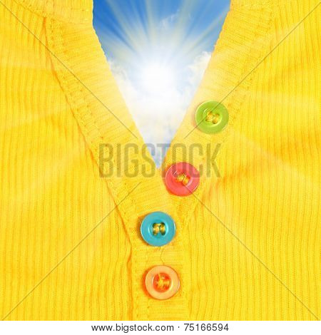 Opening shirt buttons to sunny sky. Positive thinking concept.